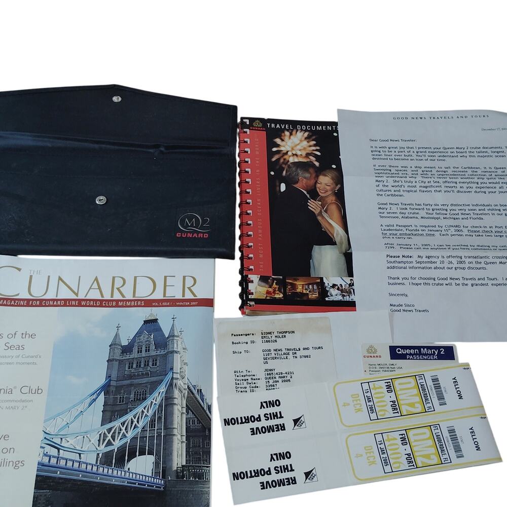 Cunard Line Queen Mary 2 Cruise Ephemera Lot & QM2 Travel Documents Holder